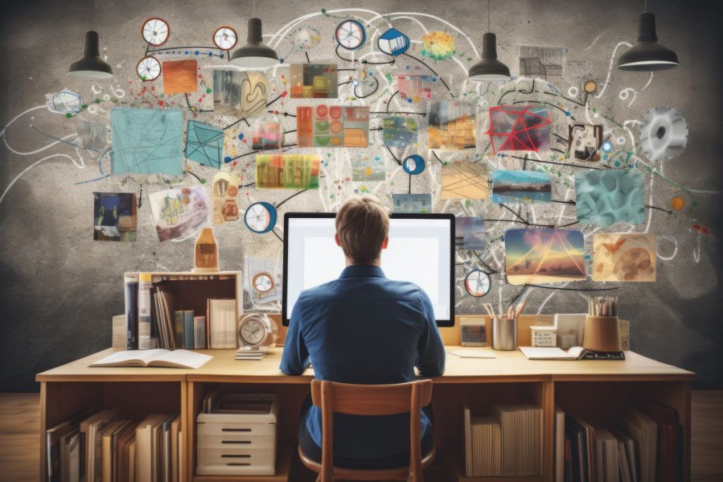 man sitting at computer, mind map in the background